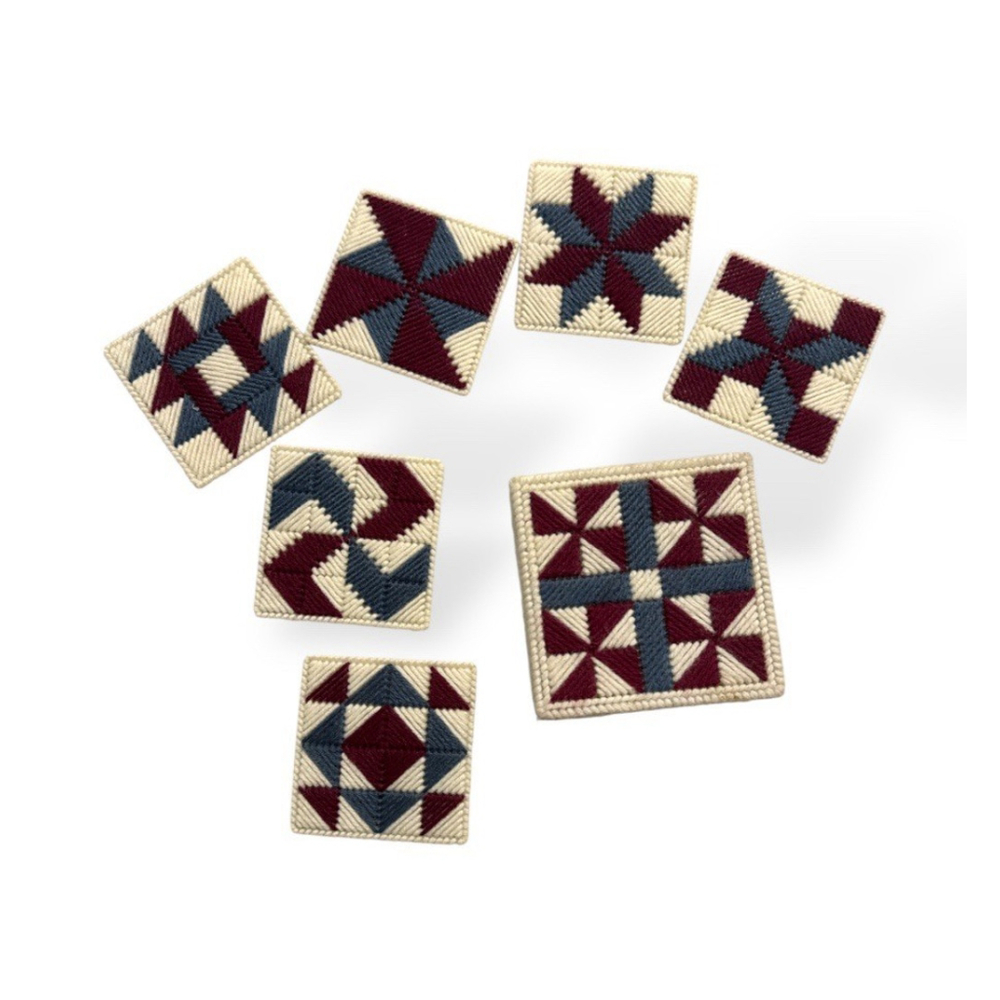 Vintage Handmade Needlepoint Yarn Quilt Pattern Coasters Matching Holder Box
